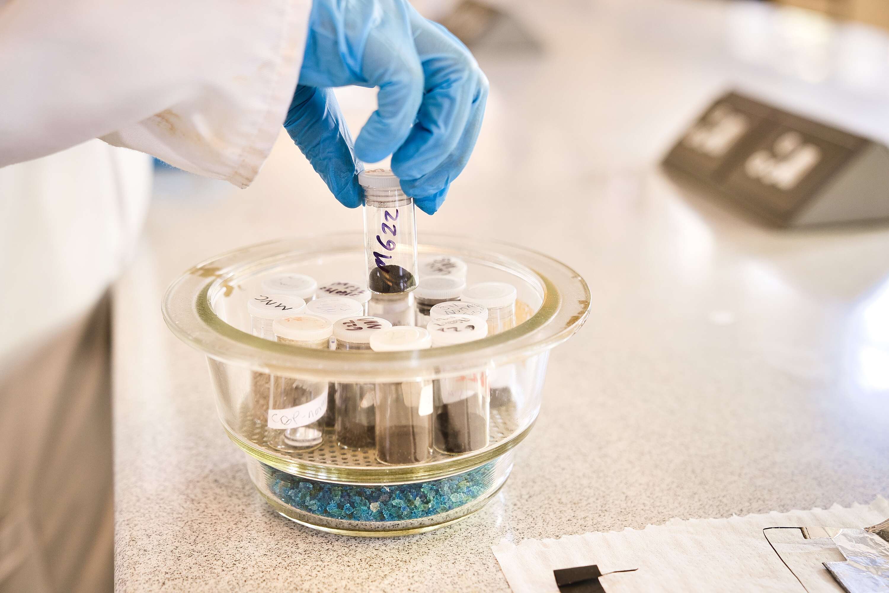Scientist placing an item into a bowl